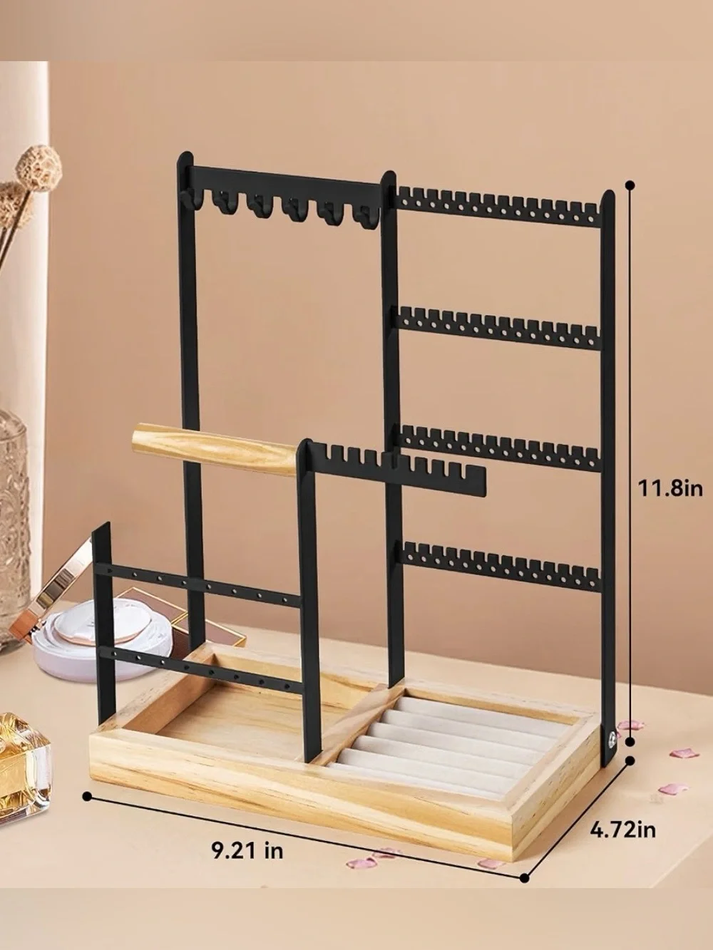 Black and Wood Jewelry Organizer Stand with Earring & Ring Tray